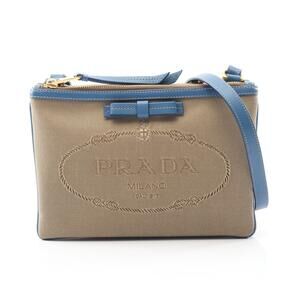PRADA Logo Jacquard Shoulder Bag Canvas Leather Beige Tan Blue